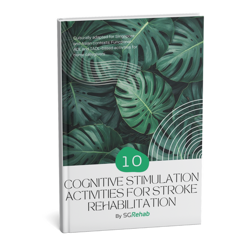 Book cover with green leaf design and text about cognitive stimulation activities for stroke rehabilitation