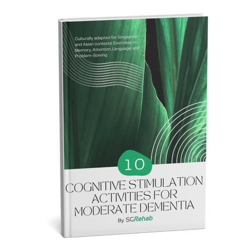 Book titled 'Cognitive Stimulation Activities for Moderate Dementia' by SG Rehab on a white background