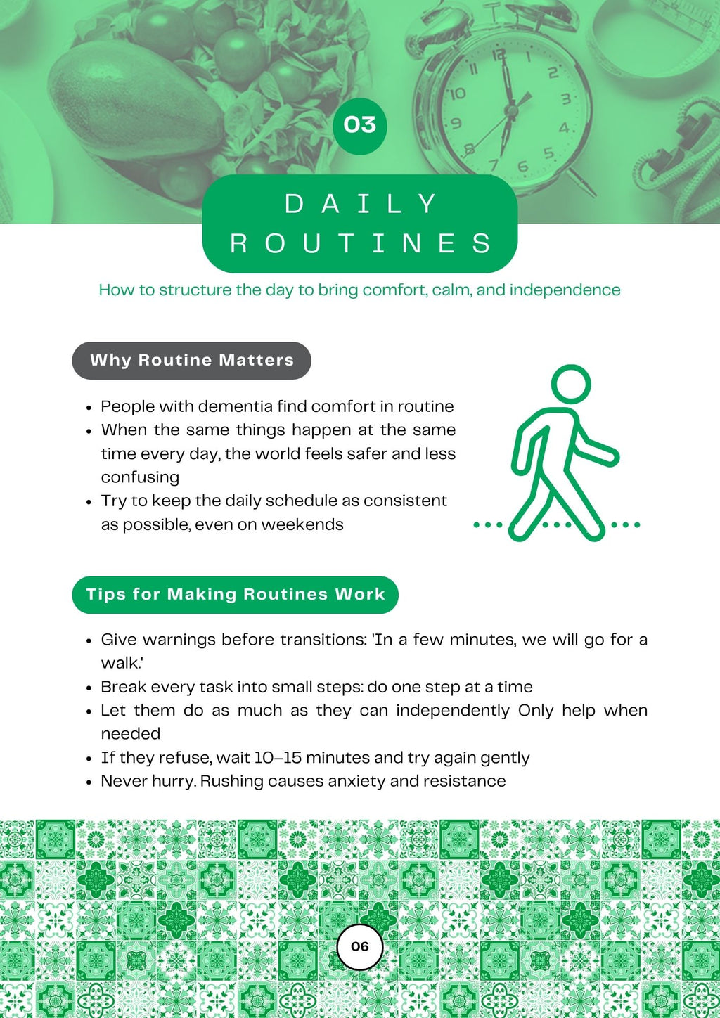 Chapter 3, Infographic on daily routines with green color scheme and clock imagery