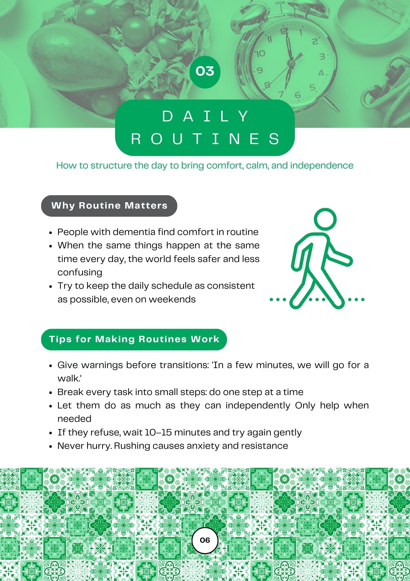Chapter 3, Infographic on daily routines with green color scheme and clock imagery