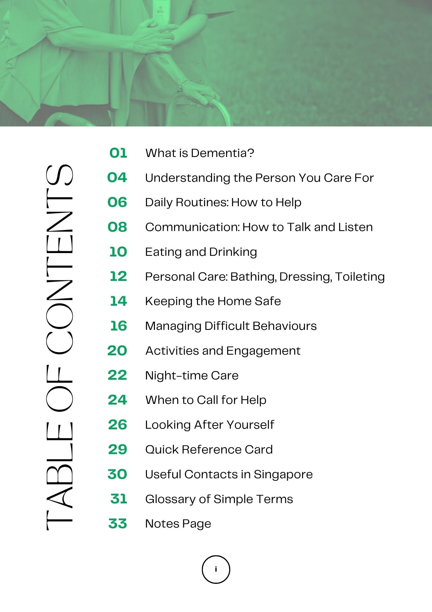 Table of contents for a book or resource on dementia care with a green gradient background.