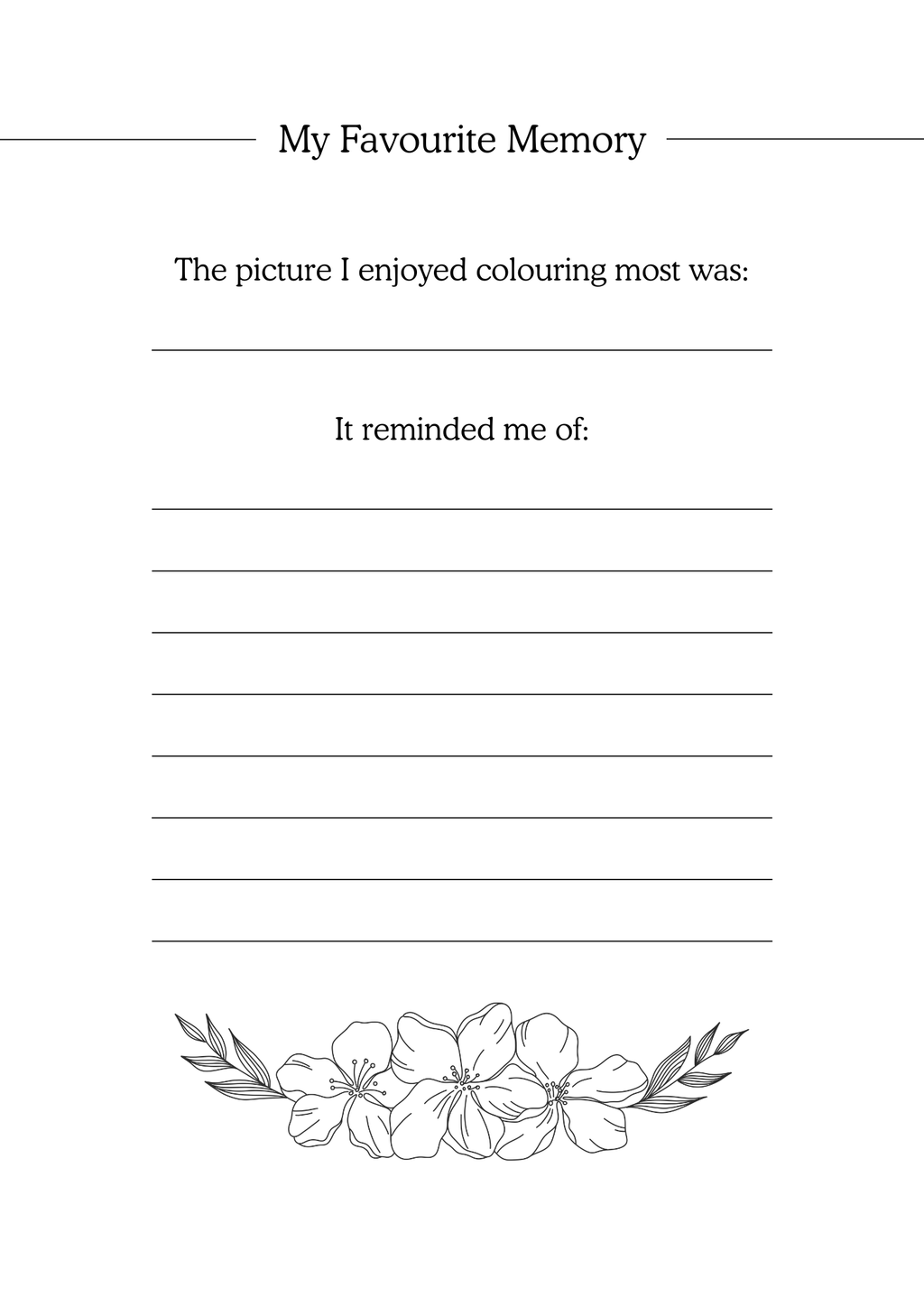 Blank worksheet with text prompts and a floral design at the bottom