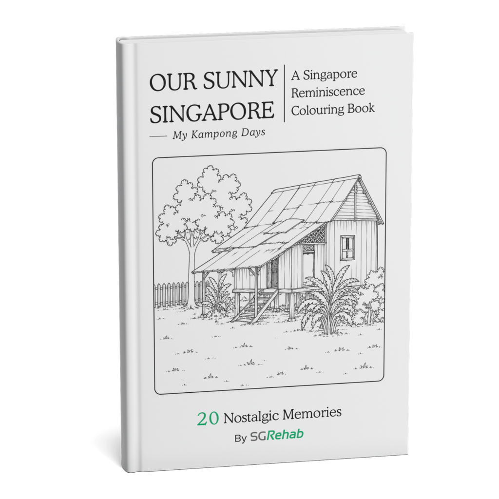 Colouring book titled 'Our Sunny Singapore- My Kampong Days' on a white background
