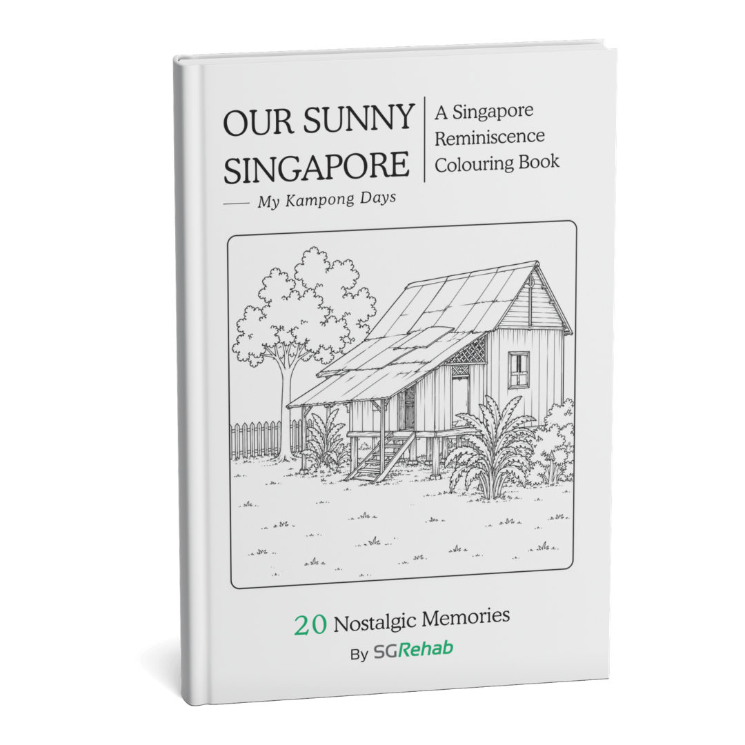Colouring book titled 'Our Sunny Singapore- My Kampong Days' on a white background